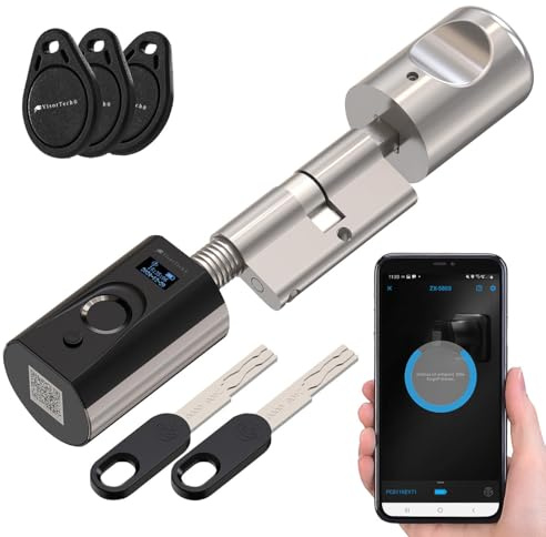 VisorTech Türschloss: Elektronischer Tür-Schließzylinder mit Fingerabdruck, Transponder, App (Türschloss mit Fingerabdruck, Tuerschloss, RFID)