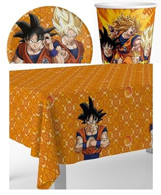 Set 33pz - Kit Coordinato tavola DRAGONBALL - decoro tavola buffet feste, party per bambini - 16 piatti dessert + 16 bicchieri + 1 tovaglia