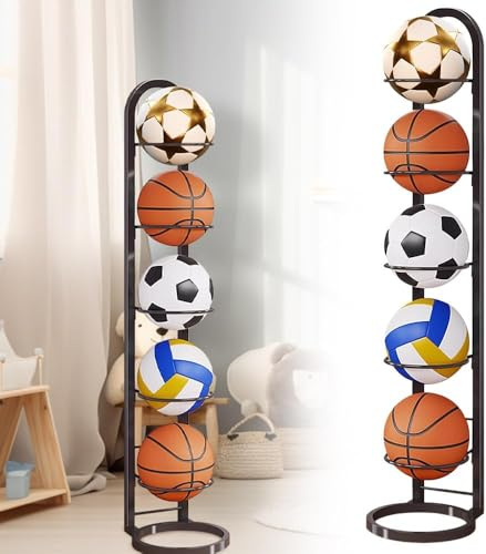 SKJJM 6 Tier Ball Storage Rack, Vertical Removable Football Stand, Multifunctional Sports Organizer Football Holder, Display Stand for Basketball Football Soccer Volleyball Outdoor Indoor
