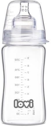 LOVI Glasflasche für Babys, Weicher dynamischer Sauger, SUPERvent Anti-Kolik-System, Leichtes und robustes Borosilikatglas (250 ml)