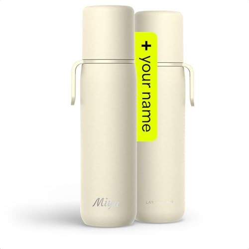 LARS NYSØM Personalised Stainless Steel Vacuum Flask with Engraving - Double-Wall Insulated Bottle with Cup & Carry Strap - Thermo Flask as a Gift Idea with Name (Almond Beige, 750ml)