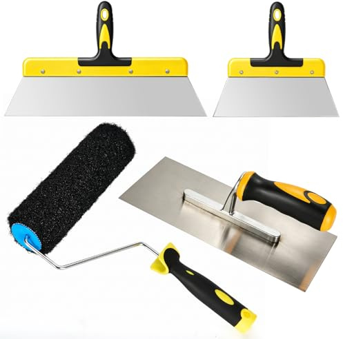 Set Spatole Rasanti con Rullo per Stucco, Kit 4 Pezzi in Acciaio Inox per Cartongesso e Riparazione Pareti, Rullo 23 cm, Frattazzo e Spatole 25/40 cm
