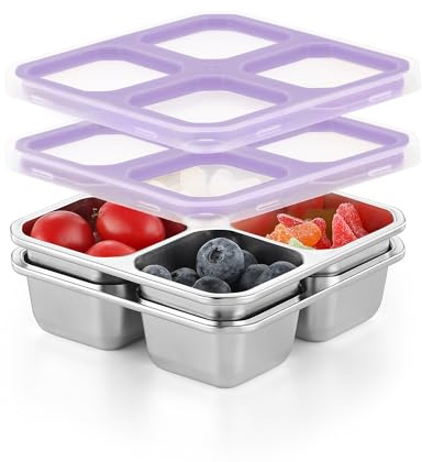 Misichao Stainless Steel Snack Boxes with 4 Compartments 2 Pack Purple | Reusable Snack Containers Small Bento Lunch Box for Kids Adults Divided Meal Prep Containers for School Work and Travel