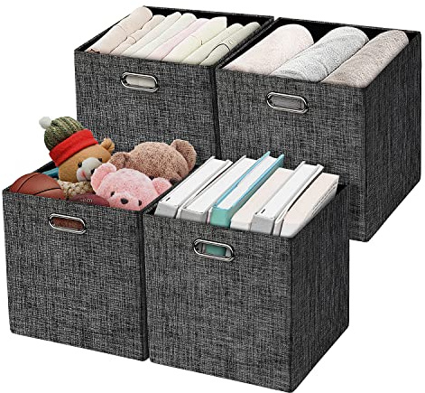 Storage Cube Basket Bin,Foldable Closet Organizer Shelf Cabinet Bookcase Boxes,Thick Fabric Drawer Container (4, Black)