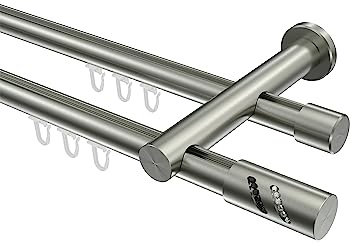 INTERDECO Innenlauf-Gardinenstange 20 mm 2-läufig, moderne Innenlaufstange aus Metall, Edelstahl-Optik, zur Wandmontage, Typ 10214212, 140 cm
