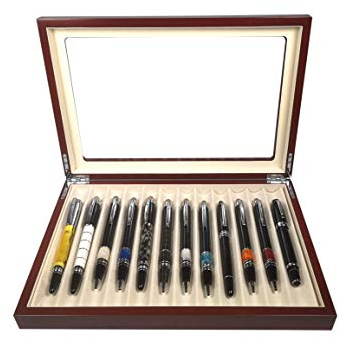 MR Maestro Relojero - Scatola Portapenne con vetrina per 12 penne in legno Noce | Espositore penne stilografiche | Portapenne da esposizione | Raccoglitore collezioni | Ciliegia, legno