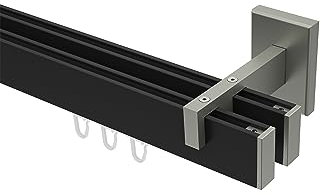 INTERDECO eckige Gardinenstangen mit Innenlauf Profil Schwarz/Edelstahl Optik 2-läufig Typ 10212821, 140 cm