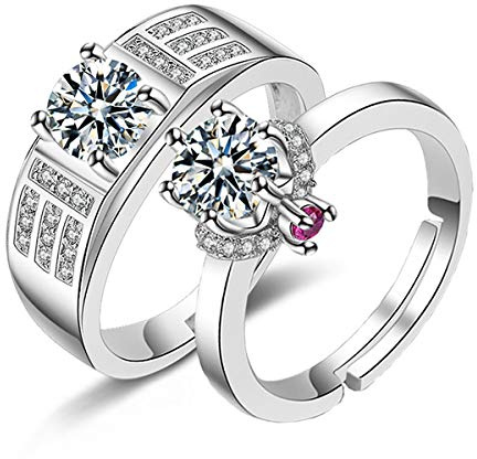 Uloveido Passende verstellbare Eheringe Verlobungsring-Set für Sie und Ihn, Kristall, zirkonia