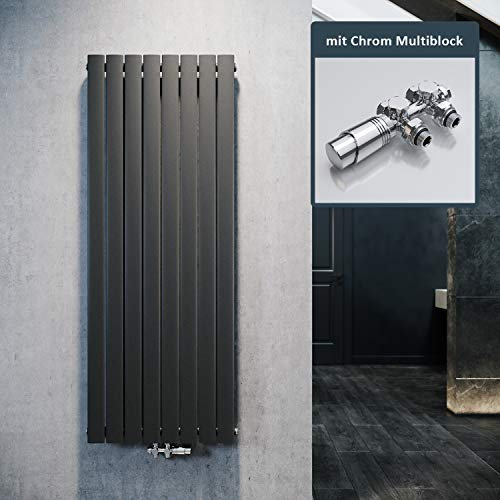 ELEGANTE Termoarredo Design Flat 1600 x 616 mm con Termostato Multiblocco Cromato, Radiatore Piatto Singolo Strato Verticale Attacco Centrale