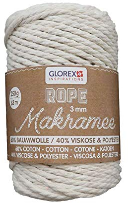 GLOREX 5 1007 01 - Makramee Rope 3 mm, superweiches Textilgarn aus 60 % Baumwolle / 40 % Viskose, zum Häkeln, Stricken, Knüpfen und textilen Gestalten, 250 g, ca. 63 m, gedreht creme