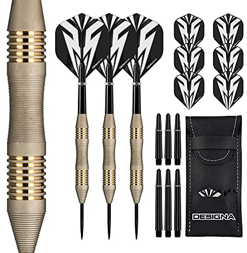 DESIGNA DARTS Mako | 23 g Elektro-Messing-Dart-Set mit gewelltem Schaft inklusive 6 Standard-Flights, 6 Vorbauten, Checkout-Karte und Aufbewahrungskoffer, M2, Silber