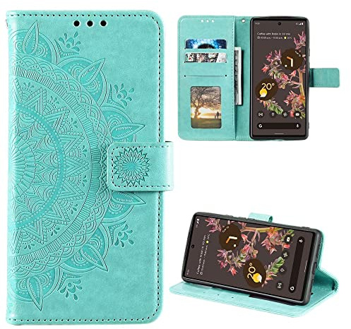 CoverKingz Handy Hülle kompatibel mit Google Pixel 6 - Handyhülle mit Kartenfach Bookcover Case - Handy Tasche klappbar Motiv Mandala Grün