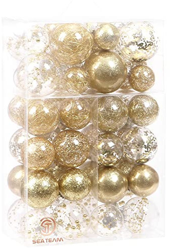 Sea Team Christbaumkugel-Set aus transparentem Kunststoff, bruchsicher, mehrere Größen, dekorative Weihnachtskugeln mit zierlichen gefüllten Ornamenten,(48 Stück, Gold)
