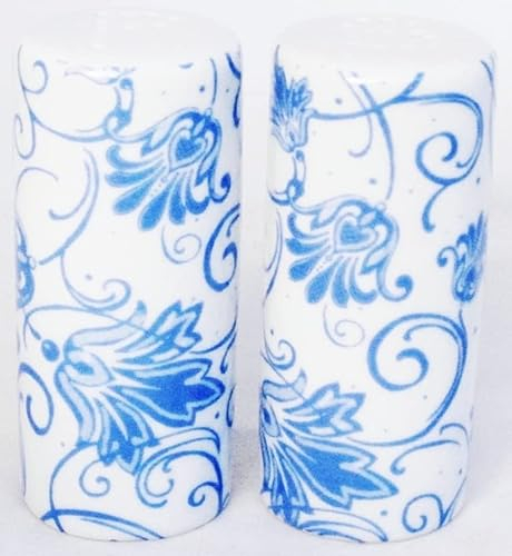 Parisian Blue Spots Salt and Pepper Set Ceramic Porcelain Round Blue Floral Swirl White Cruet Set Hand Decorated in UK