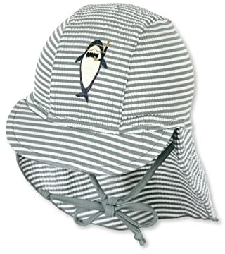 Sterntaler Schirmmütze Hai – UV-Schutz 50+ Baby Mütze mit Nackenschutz & Bindeband – Sonnenmütze aus Seersucker mit Hai-Druck – Bademode für Schwimmbad und Strand, mattgrün, Größe 53