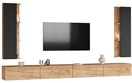 Planetmöbel TV Wohnwand Wohnzimmer 2X 160 cm Gold Eiche, mit 2X 40cm Seitenschränken Gold Eiche/Anthrazit