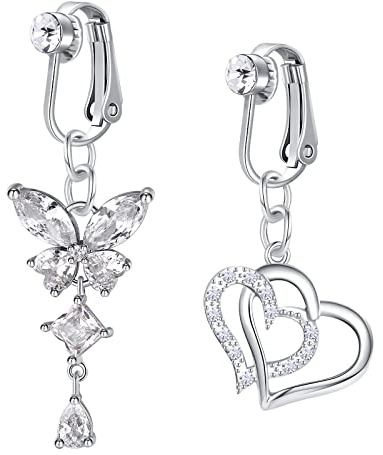 Mayhoop Fake Bauchnabelpiercing Clip On Bauchnabelpiercing Chirurgenstahl Falsch Bauchnabel Ring Bauchpiercing Herz CZ Schmetterling Klemme Bauchring Kein Piercing Schmuck 2 Stück