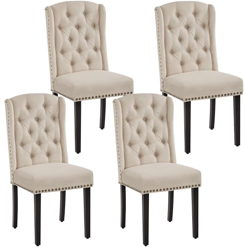 Yaheetech 4-er Set Küchenstuhl mit Flügelförmigen Rückenlehne, Polsterstuhl Esszimmerstuhl bis 140 kg Belastbar fürs Esszimmer/Küche/Wohnzimmer/Schlafzimmer, beige