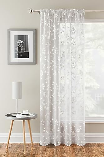 Tyrone Textiles Delila White Floral Voile Net Curtain Panel - 55 x 54 Inch (140 x 137cm) - Sheer Semi Transparent Slot Top/Rod Pocket Privacy Drapes