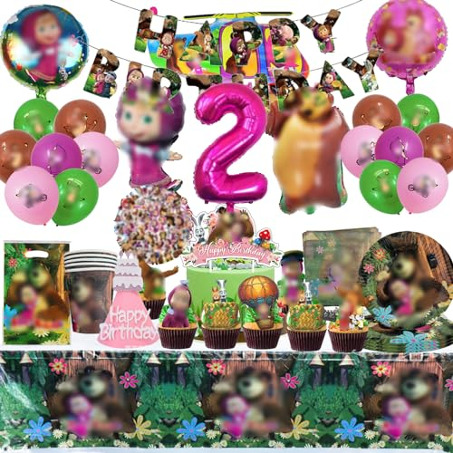 146 Pezzi Palloncini Stoviglie Feste Masha,2anni Palloncino Ragazza e Orso,Kit Festa Compleanno Ragazza e Orso,Stoviglie Festa Compleanno Ragazza e Orso,Adatto alla Festa di Compleanno di 2 Anni