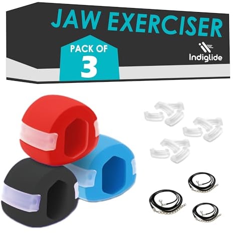 Indiglide Jaw Exerciser, Jawline Exerciser Chew with Three Levels of Resistance - Jaw Trainer - Jaw Shark for Men & Women - Pack of 3 with FREE 6 Extra Biting Strips & 3 Necklaces