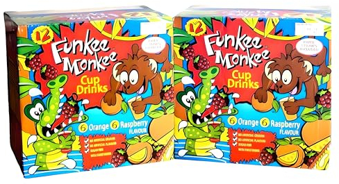 2 Pack Funkee Monkee Cup Drinks 12 x 200ml Box Set with Paper Straws, Orange & Raspberry Flavors