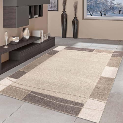 Taracarpet Moderner Kurzflor Designer-Teppich für Wohnzimmer Schlafzimmer und Kinderzimmer Bordüre Braun 200x280 cm