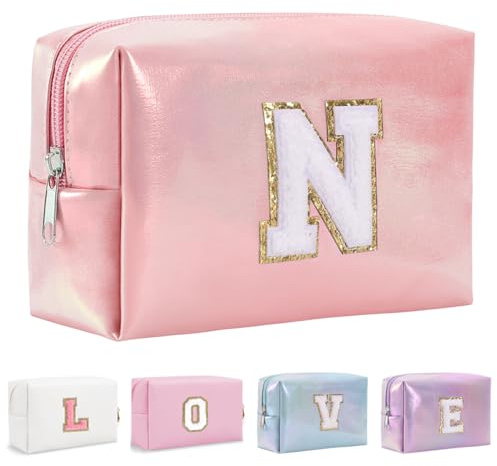 Yintry Organisateur de Trousse de Maquillage en Cuir PU 26 Lettres Laser Pochette cosmétique Grande capacité Trousse de Toilette de Voyage Femmes Filles Cadeaux d'anniversaire Sac de Rangement