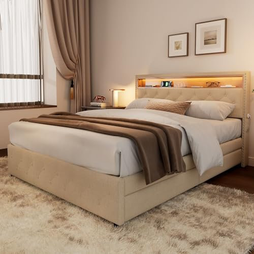 BTM Upholstered King Size Bed, 150 * 200cm, 5FT, with 4 Storage Drawers & Bedside Pocket, Linen Frame with LED Headboard, No Mattress