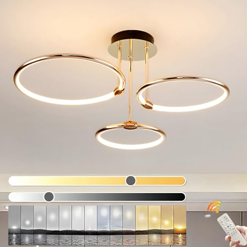 YYUTLUO LED Deckenleuchte, Ø56cm Goldener Metallkreis Kronleuchter, 60W Stufenlos Dimmbar 3000–6000K Moderner Runder Galvanisierter Anhänger Schlafzimmer Wohnzimmer Kinder Büro Arbeitszimmer (3 Ringe)