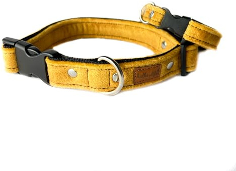 Hundehalsband aus Samt, Robustes und bequemes Hundehalsband aus Zwei Stofflagen, Made in EU (Gelb, S, Kunststoffschnalle (1,5 cm / 25-35 cm))