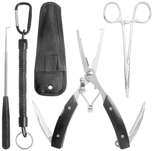 ANBOO 5 Stück Multifunktionale Angelzange Set mit Lanyard, Umfasst Aterien Zange, Hakenlöser Angeln, Linienschneider Angel Zange für Hakenlöser, Sprengring