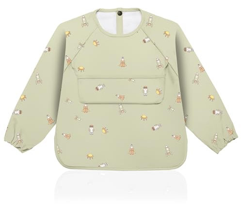 Weakup10 Babero con Mangas Impermeable | 6-36 Meses | Baberos Bebe Impermeables | Fácil de Limpiar | Regalo para Bebe | Bolsillo Delantero (Astronauta)