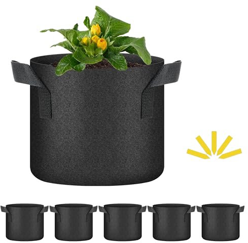 Heal Smart Lot de 5 sacs de culture pour tomoates de 10 litres avec poignées, tissu non tissé aérateur, pot de fleurs robuste pour légumes, herbes et fleurs, version 2024, noir