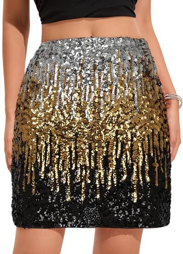 zffriction Paillettenrock für Damen Glitzer Rock Elastische Taille A-Linie Hüftrock Kurzer Rock Damen Minirock Sexy Party Rave Outfit (DE/NL/SE/PL, Alphanumerisch, XL, Regular, Regular, Gold)