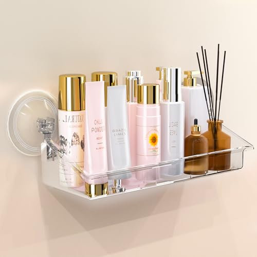 DONQL Acrylic Shower Caddy With Suction, Clear Bathroom Shelf No Drill, Waterproof Shower Storage With Drain Holes, Stick-On Organizer for Kitchen and Bathroom, Shampoo Holder