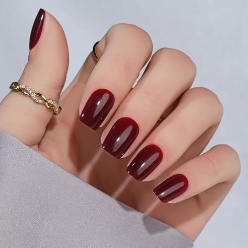 Press On Nails Short - Acrylic Square Wine Red, Glue On With Nail Glue, Fit Perfectly & Natural Stick On in 12 Sizes - 24PCS Soft Gel Fake Kit