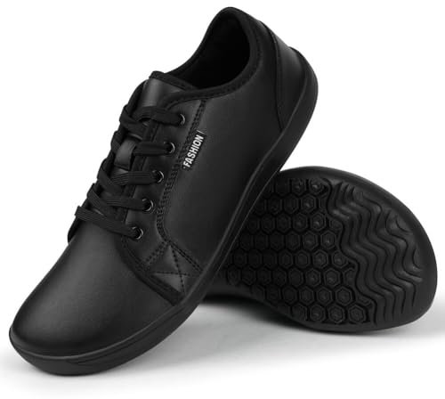 OFFCUP Wide Barefoot Shoes for Men, Leather Walking Shoes, Outdoor Trail Running Shoes Lightweight and Breathable Minimalist Sneakers with Zero Drop Sole Leather Trainers (UK 7.5) Black