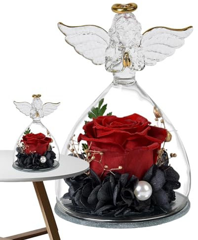 Ange rose préservée – Figurines d'ange en verre rose préservé, fleurs préservées dans le verre | Style élégant avec fleurs éternelles en verre à l'intérieur pour anniversaire, fête des mères,