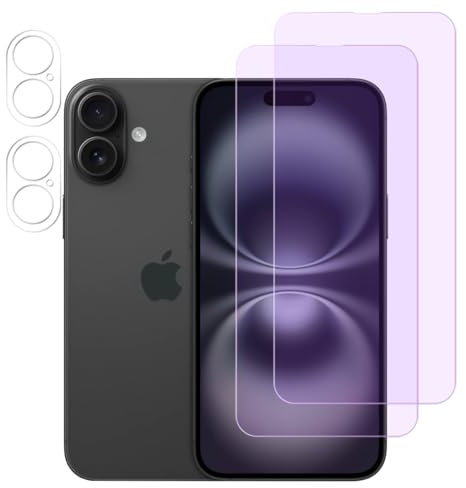 FiiMoo Anti Blue Light Screen Protector for iPhone 16, Camera Lens Protector, [2+2 Pack] [Eye Protect] [Screen Protector + Camera Lens Protector] [9H Hardness], Blocks Excessive Harmful Blue Light