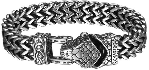 Flongo Wikinger Schlange Armband für Herren : Edelstahl Schlangenkopf Gothic Punk Franco Armkette Norwegian Biker Große Armreif Amulett Glücksbringer Halloween Weihnachten Neujahr Männer Geschenk