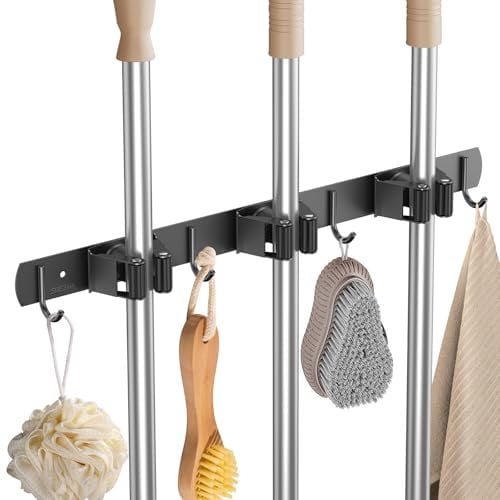 3 Position Wall Mounted Mop Holder, Heavy Duty Broom Holder, Stainless Steel Broom Storage Organizer, Sweeping Brush Holder, Mop Gripper with Hooks, Broom Clip Hangers for Kitchen Bathroom Garden