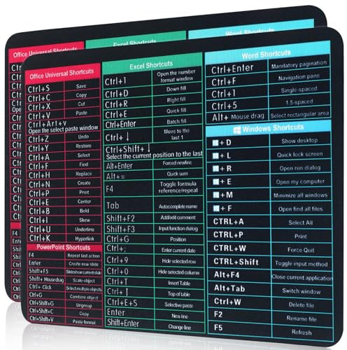 Smivyhp 2 Stücke Excel Shortcuts Unterlage Mauspad, 22 x 18 cm, Schwarz, Anti Rutsch Mausmatte mit Excel Tastaturkürzeln für Büro PC Laptop
