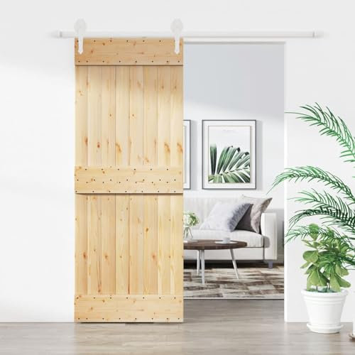 Gecheer Porta Singola Scorrevole,Porta del Granaio,con Kit Binario,in Legno di Pino Semplice,Acciaio Bianco,80x210 cm,Binario 200 cm,Porta con Kit Binario,Porta con Ferramenta