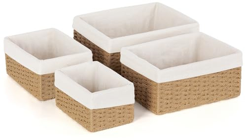 Aevcvok 4 Stück Aufbewahrungskorb mit Futter,Körbchen Handgewebt Korb Aufbewahrung Papierseil Boho-Decor Körbchen,Aufbewahrungsbox Klein Geflochten für Badezimmer, Make-up,Tischplatten,Schrank（Jute)
