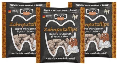 QCHEFS 3er Pack Zahnputzflips Hunde - Zahnpflege-Snack für kleine Hunde bei Mundgeruch & Zahnstein entfernen mit natürlich antibakterieller