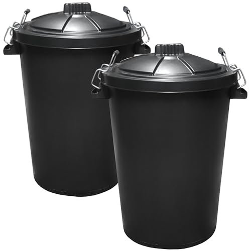 KetoBarrow 2 PACK - Large Black Garden Dustbin- 90L Refuse Heavy Duty Plastic Waste Bin With Secure Clip Lid