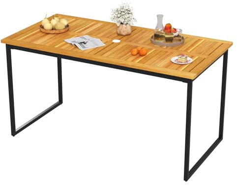COSTWAY Mesa Jardin Exterior de Madera Acacia, 170 x 70 cm, Mesa Comedor Exterior para 6 Personas, Orificio para Sombrilla, Mesa Rectangular Terraza Balcon Jardin, Natural y Negro