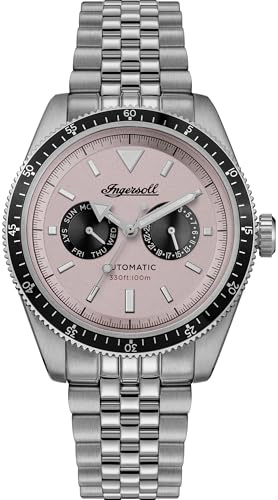 Ingersoll Die Rider 52 mm automatische Herrenuhr mit rosa Zifferblatt und silberfarbenem Edelstahlarmband - I17201