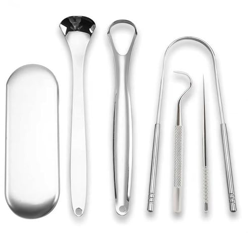 Wixovo Zungenreiniger Edelstahl Set (5 Stück), Zungenschaber Metall gegen Mundgeruch, Zungenreiniger für Erwachsene und Kinder, Zungenpflege Kit mit Reiseetui, BPA Frei ﻿